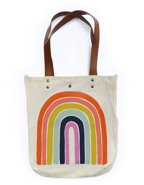 Canvas Tote Bag with Vegan Leather Handles | Rainbow