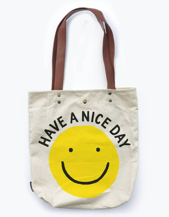 Canvas Tote Bag with Vegan Leather Handles | Smiley